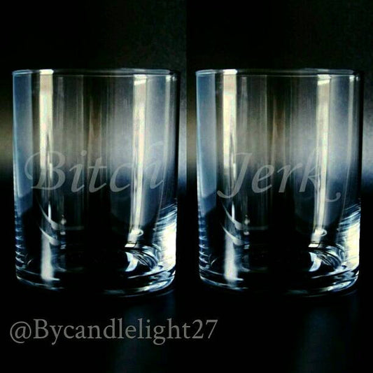 Bitch Jerk - Supernatural - Hand Drawn - Etched Glass set of 2 - Glasses Tumblers - ByCandlelight27