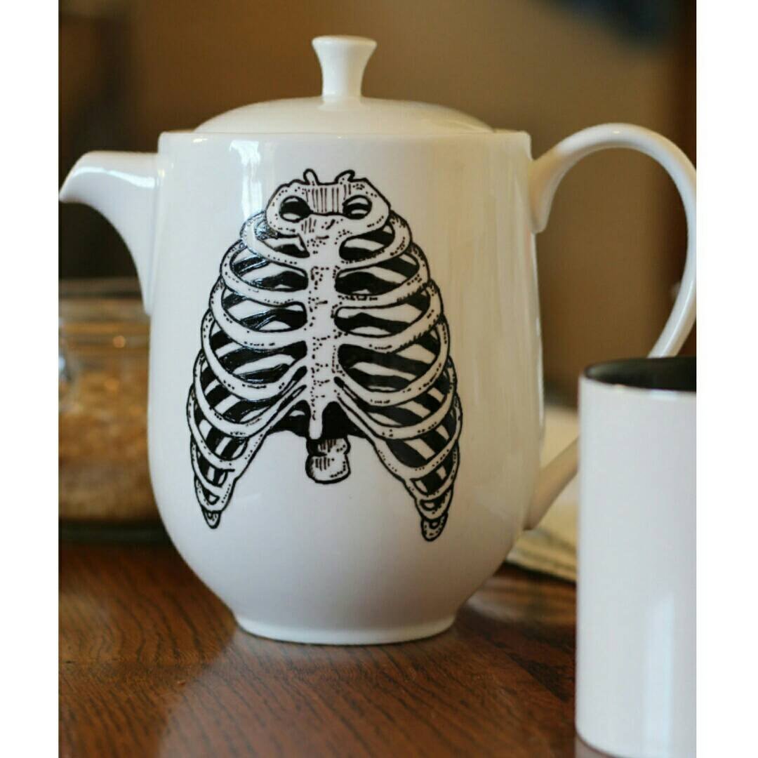 Hand Painted Tea Pot - Anatomical Ribcage - Goth Decor - ByCandlelight27