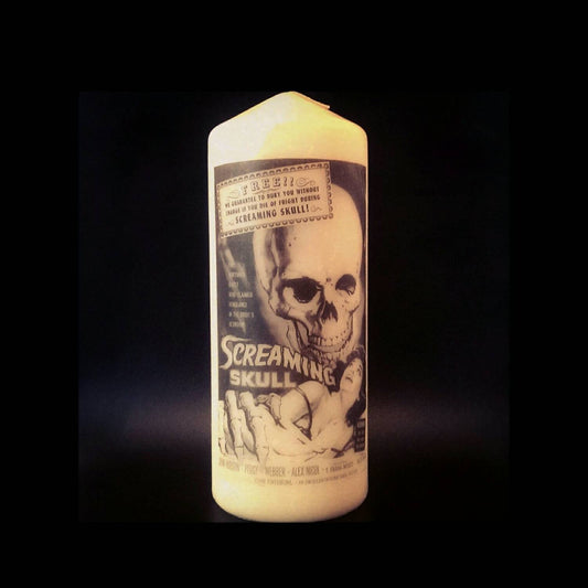 Screaming Skull Film Poster - Pillar Candle - Anatomical Decor - ByCandlelight27