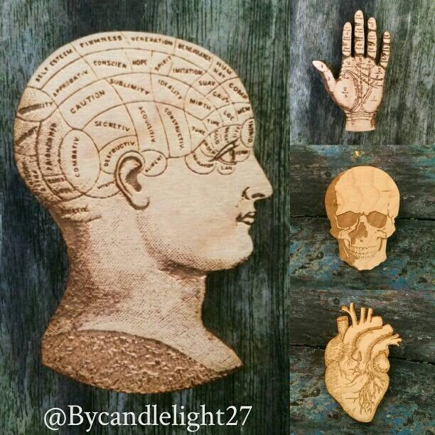 Hand Drawn Anatomical Skull, wood Cut, original illustration, Brooch - ByCandlelight27